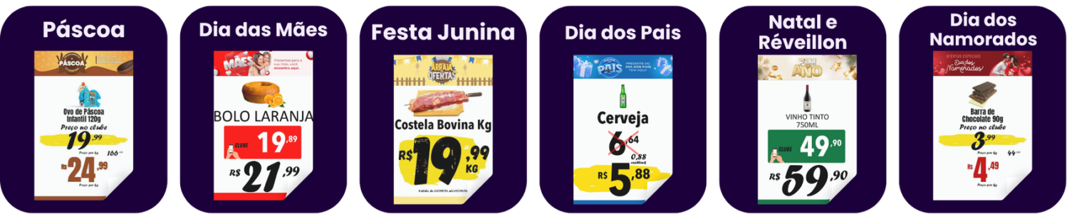 Cartazamento digital em datas comemorativas: Páscoa, Dia das Mães, Festa Junina, Dia dos Pais, Natal e Dia dos Namorados no supermercado