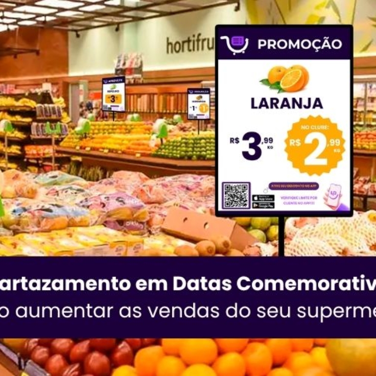 Tela digital com cartaz de promoção de laranja em supermercado — cartazamento no ponto de venda
