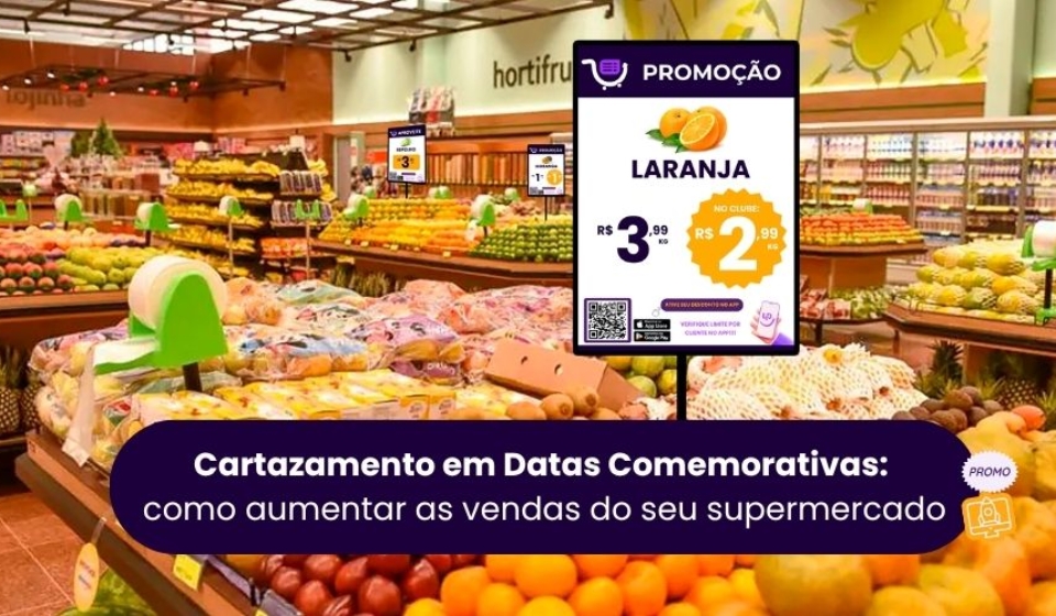 Tela digital com cartaz de promoção de laranja em supermercado — cartazamento no ponto de venda