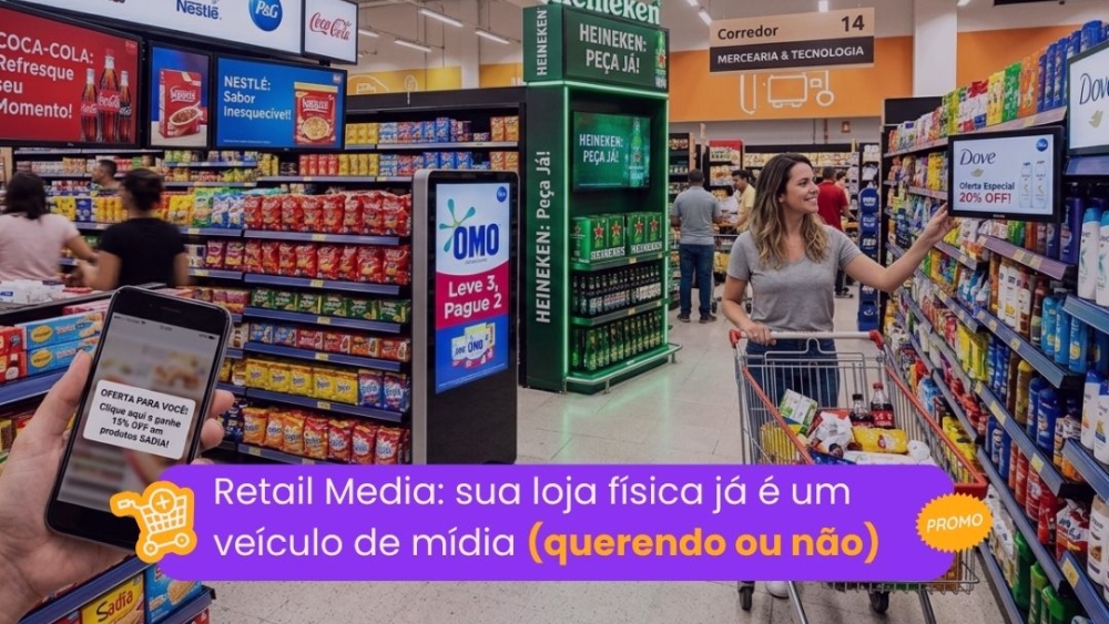 Telas digitais e cartazes em supermercado exibindo campanhas de Retail Media